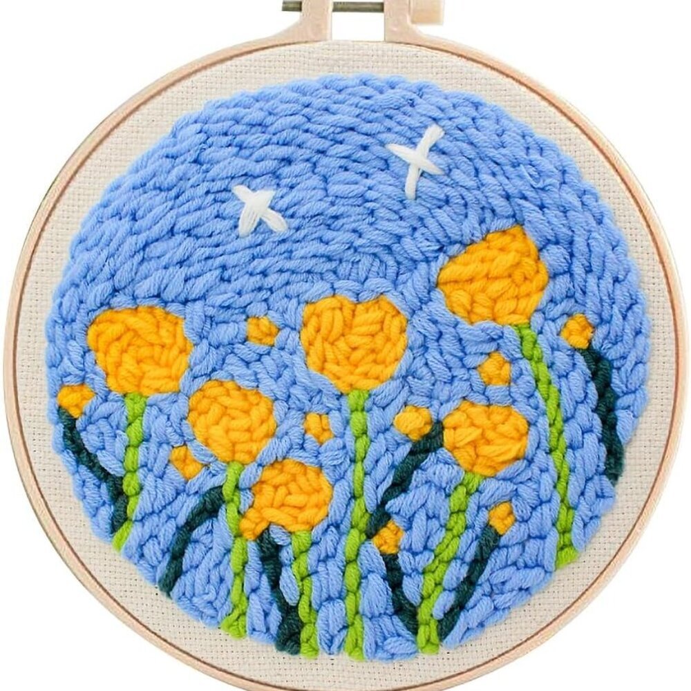 Adult Floral Punch Needle Kit with Fabric Hoops, Yarns, Needles, 8-inch